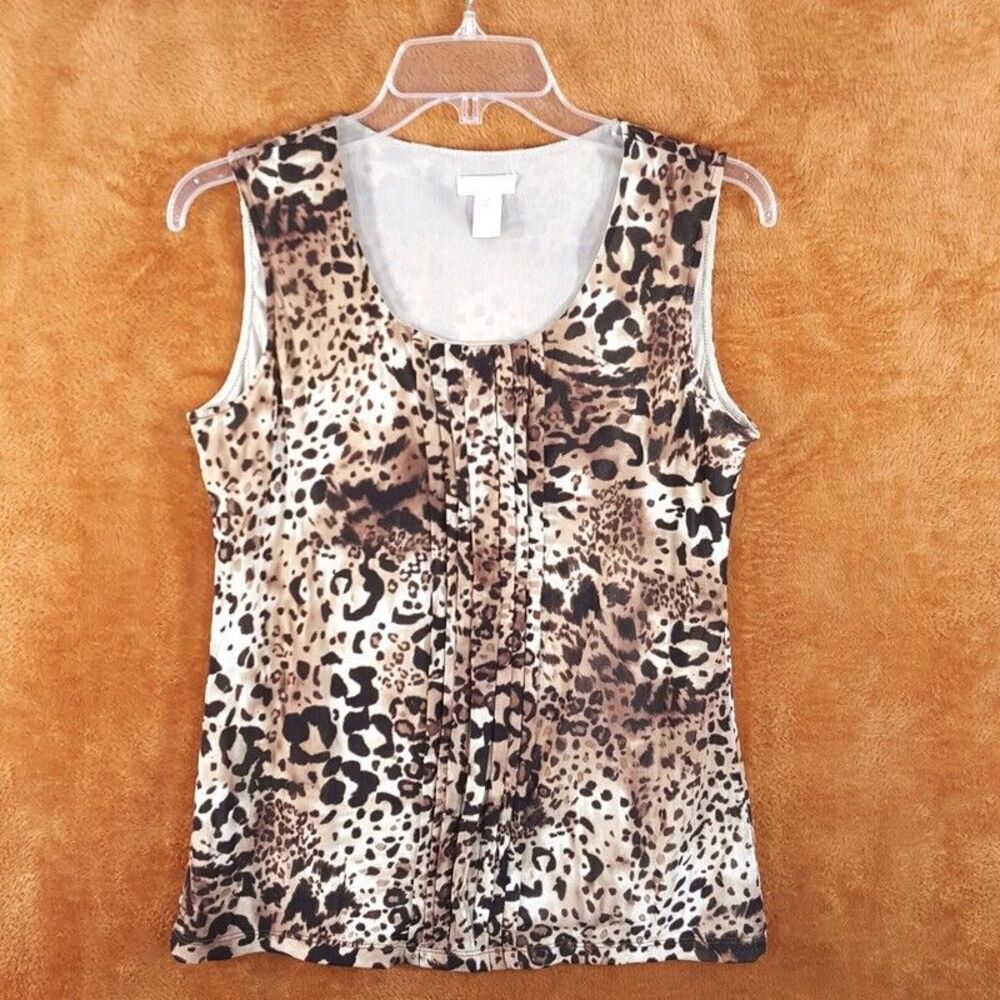 CHICOS Womens Top Size 0 Small Brown Leopard Cheetah Tank Pullover Stretch Knit